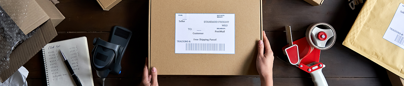 Overview of a package ready for shipment with a stick-on shipping label