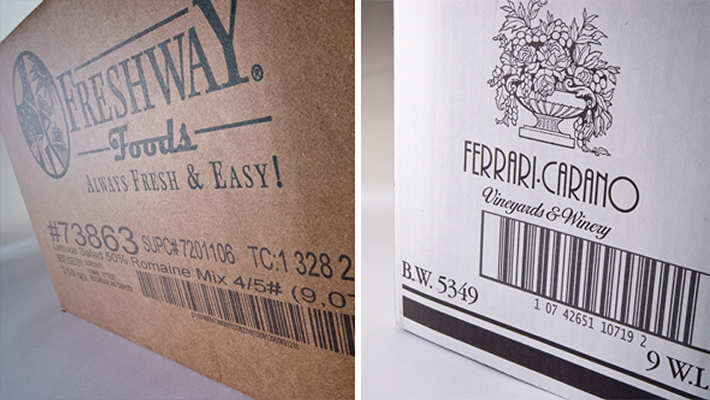 Examples of barcodes and logos printed on boxes.