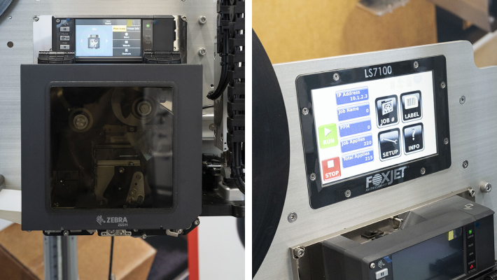 An overview of a label applicator printer showing the black casing of the printer and its touch screen with the operating menu.